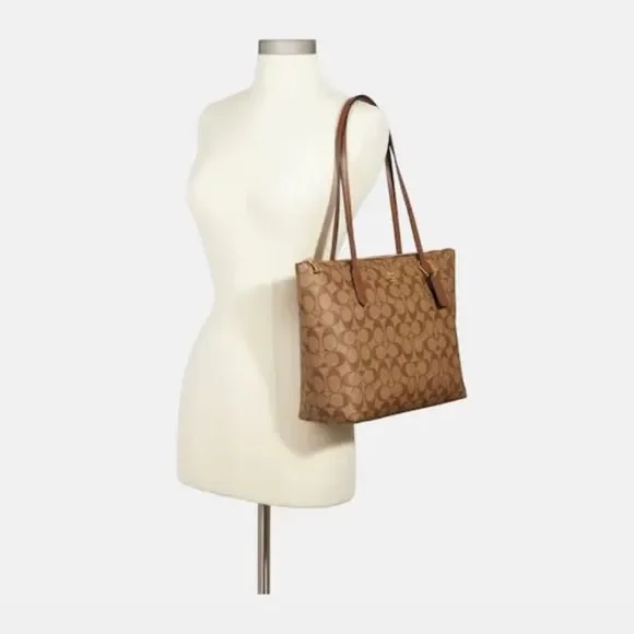 🔥HP🔥 NWT $485 COACH Zip Top Tote In Signature Canvas. Gold/Khaki Saddle 2 - Picture 3 of 6